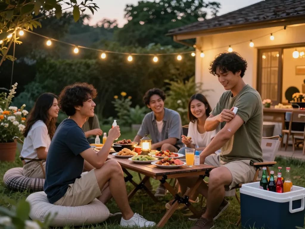 Friends enjoying barbecue while applying the Best Mosquito Repellent for a carefree evening outdoors.