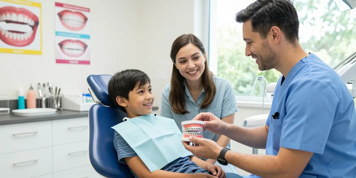 Child in orthodontic office learning about metal braces from a friendly orthodontist.