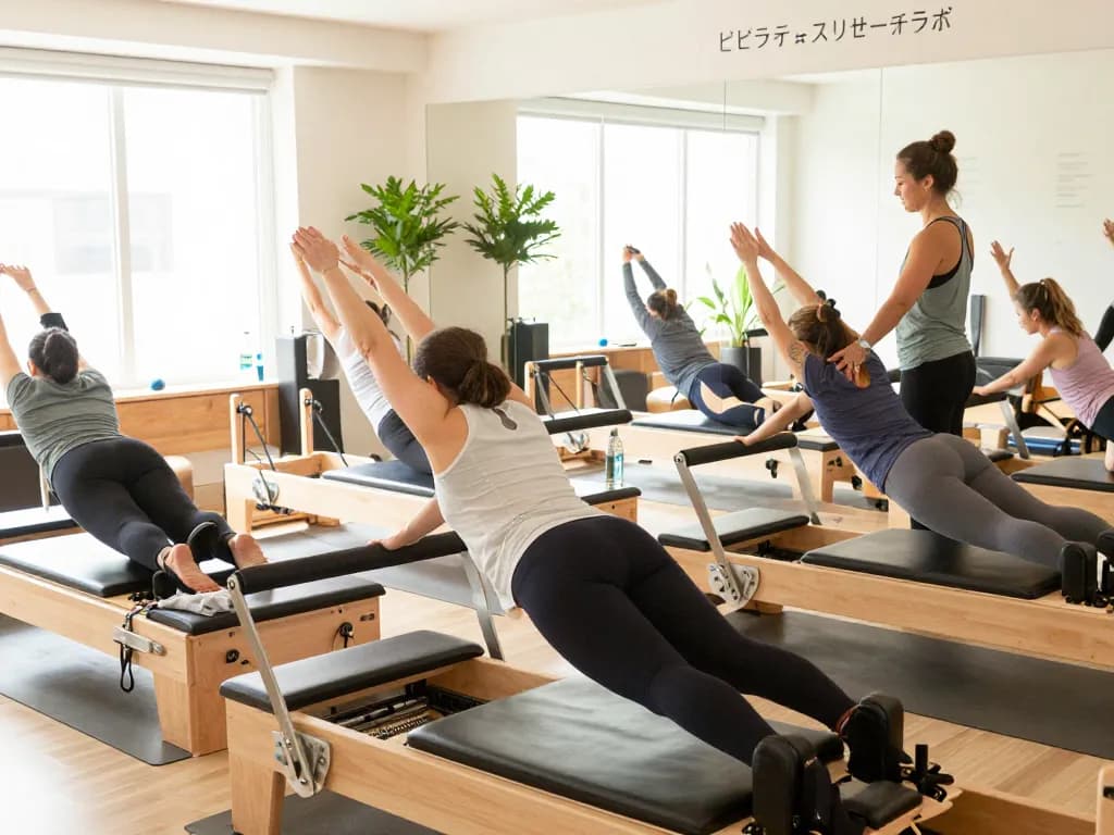多様な参加者がリフォーマー機器でトレーニングし、インスピレーションを与えるインストラクターと共にいるピラティスリサーチラボでの充実したピラティスクラス。