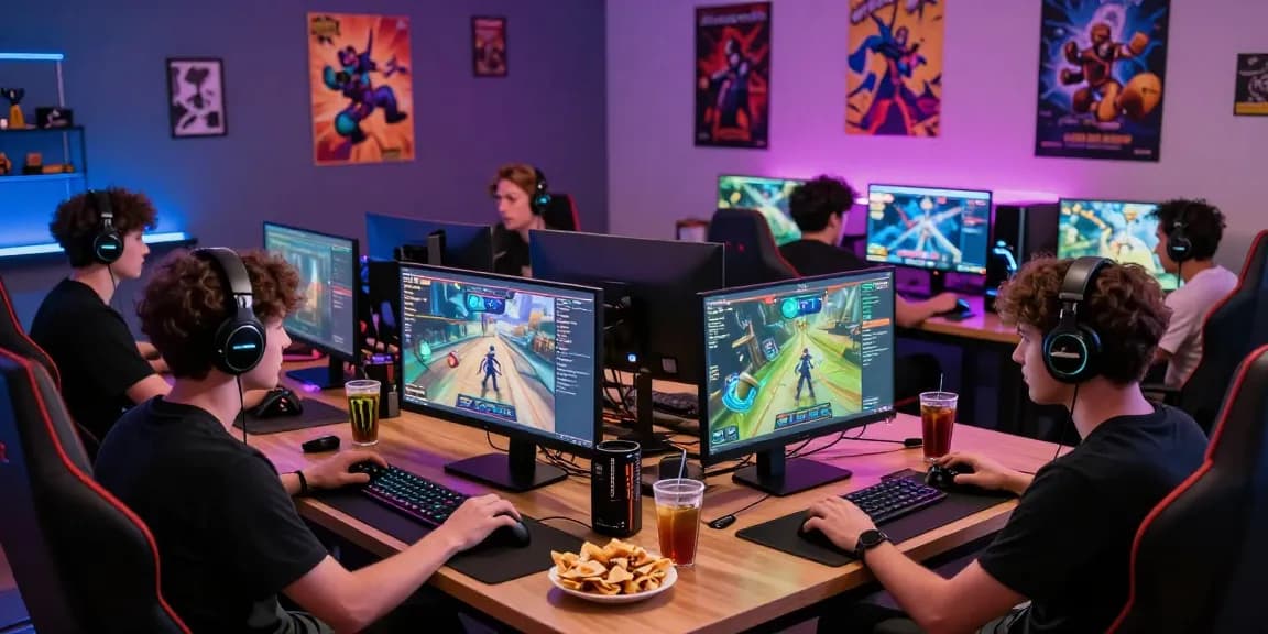 Explore dynamic gaming communities on discordtree.com with a diverse group enjoying multiplayer sessions and vibrant decor.