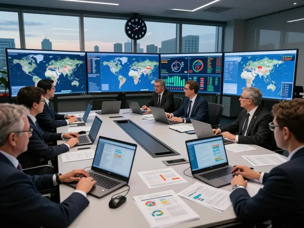 Analysts collaborating on International Crisis Watch in a dynamic crisis command center.