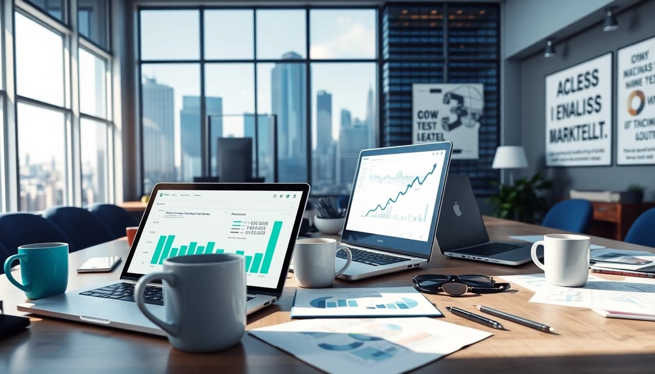 Die Website https://alvionz.de/ präsentiert ein modernes digitales Marketing-Büro mit Laptops und Analyse-Diagrammen.