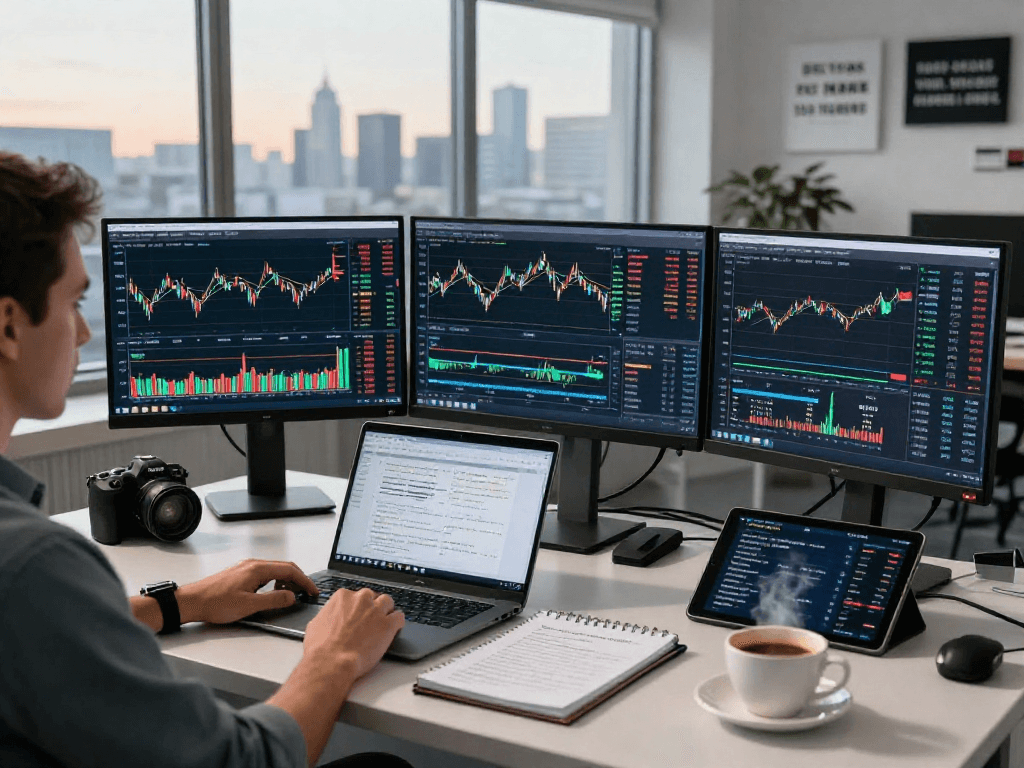 使用TradingView实时行情分析的交易员在现代办公空间内专注于多屏幕交易，背景为城市天际线。