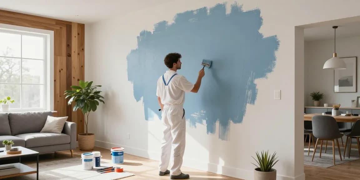 Interior house painting Beaverton OR with a painter refreshing blue walls in a cozy living room.