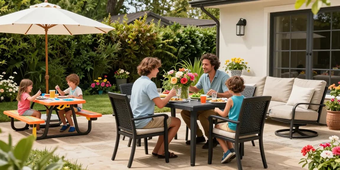 Outdoor patio furniture setting featuring a Lotus dining set, Camden sofa, and kids' picnic table, ideal for family gatherings.
