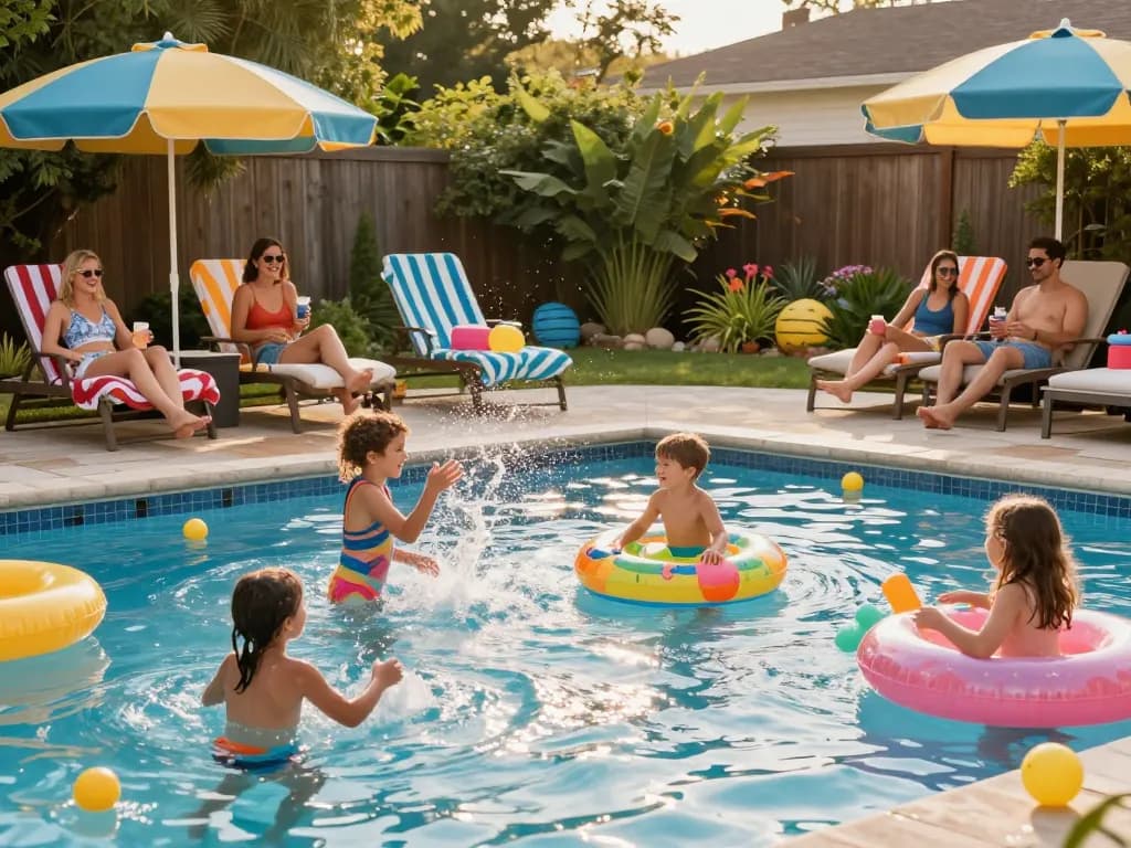 Dolphin Pool Services family enjoying summer pool party in vibrant backyard.
