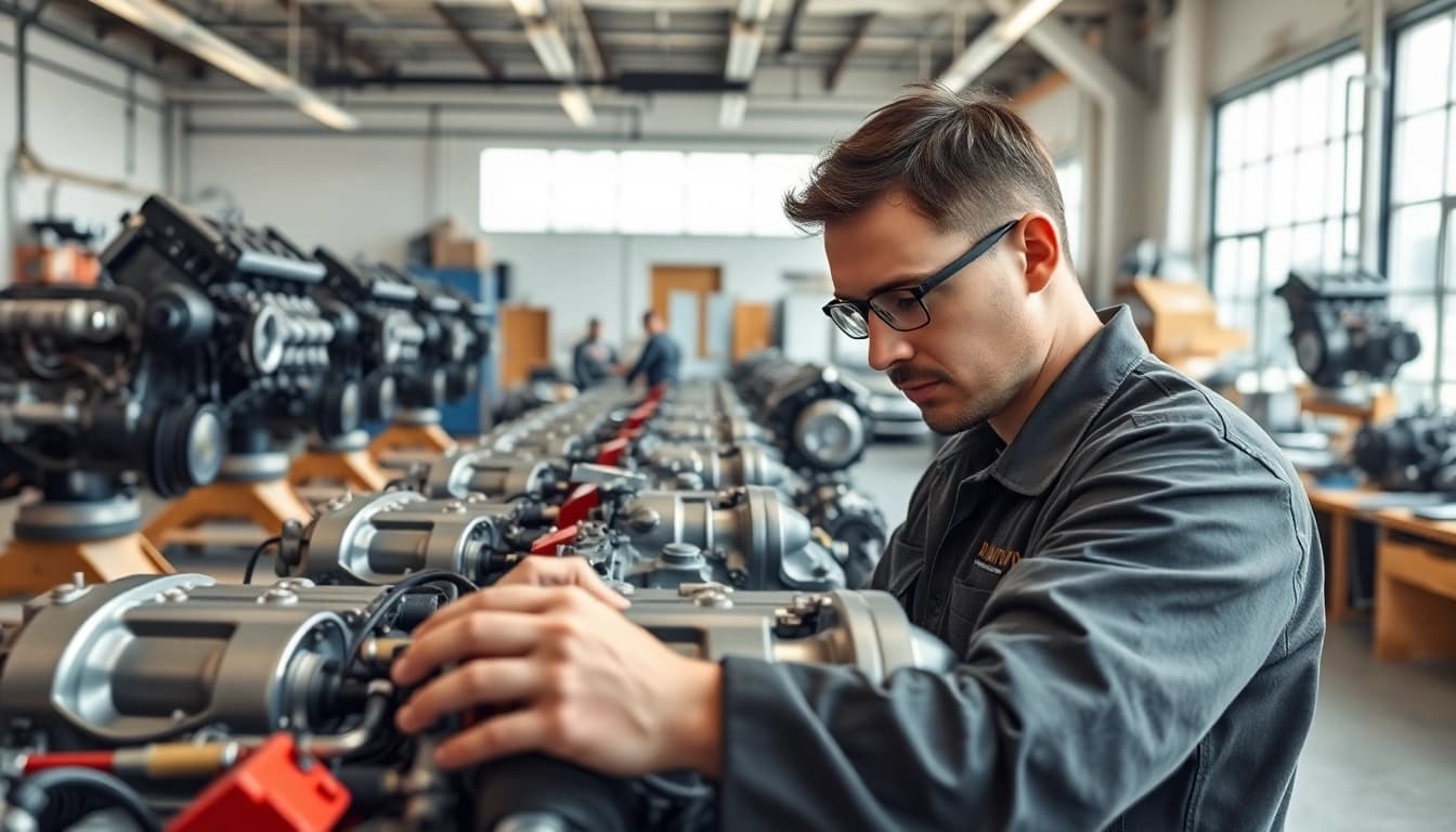 Technician assessing multiple used engines in a bright workshop with clean organization.