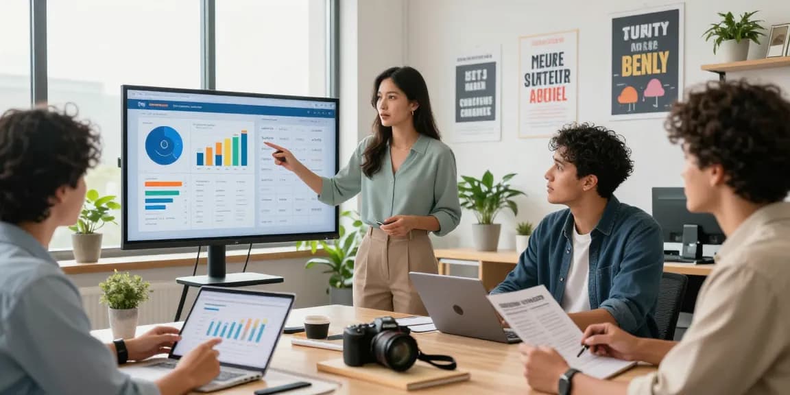 Team collaborating on a Social media campaign strategy in a modern office setting, showcasing analytics and creativity.