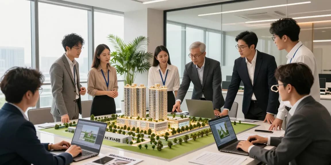 Professionals collaborating on MANTRA88 commercial property design, highlighting modern planning elements.