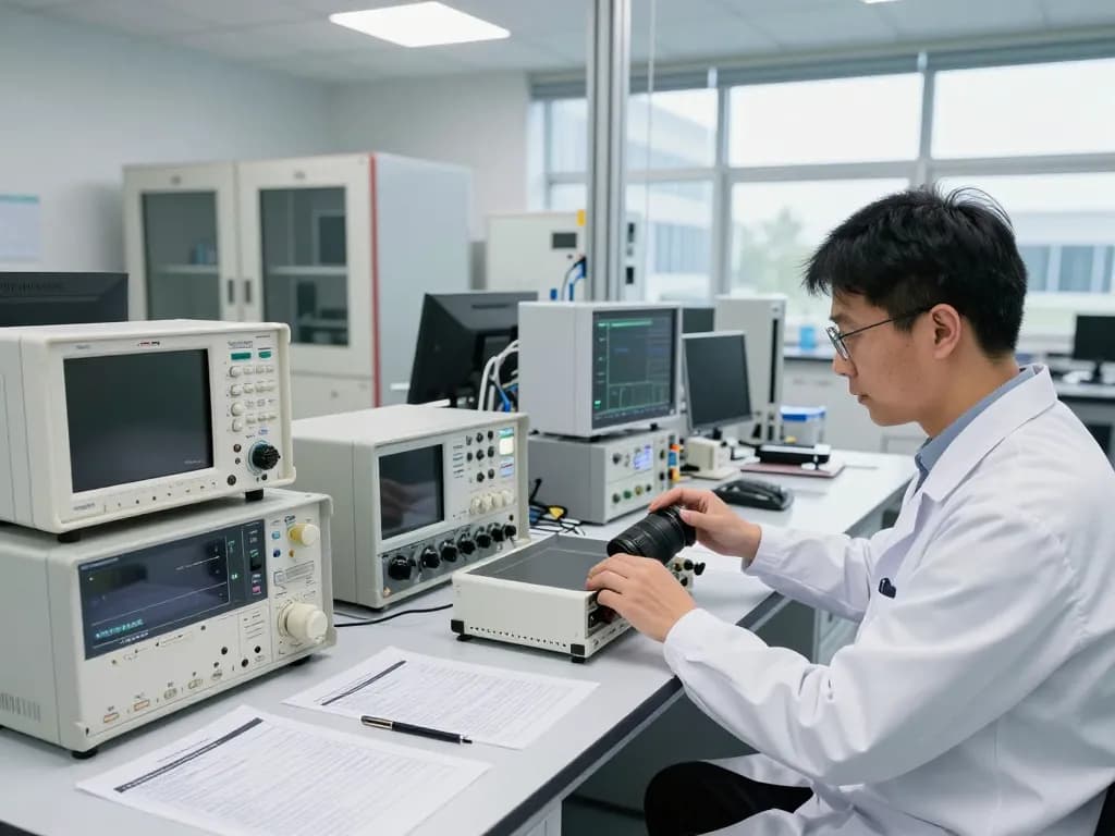 Engineer performing FCC certification testing in advanced EMC lab with precise equipment and documentation