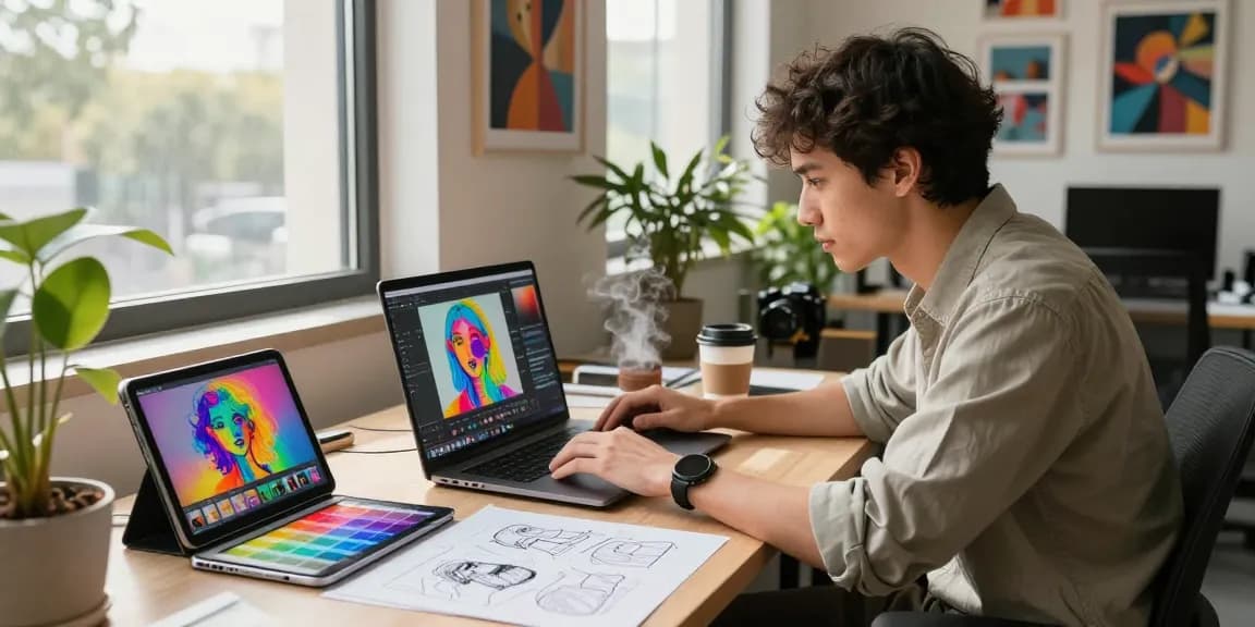 Designer using nano banana 2 for AI image editing in a vibrant creative workspace.