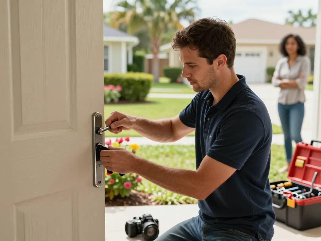 Port St. Lucie locksmith expertly opening a residential door with tools in a sunny neighborhood.