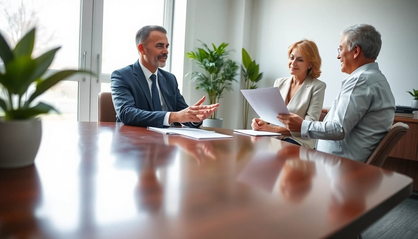 Estate Planning consultation with a professional attorney guiding a couple on their financial future.