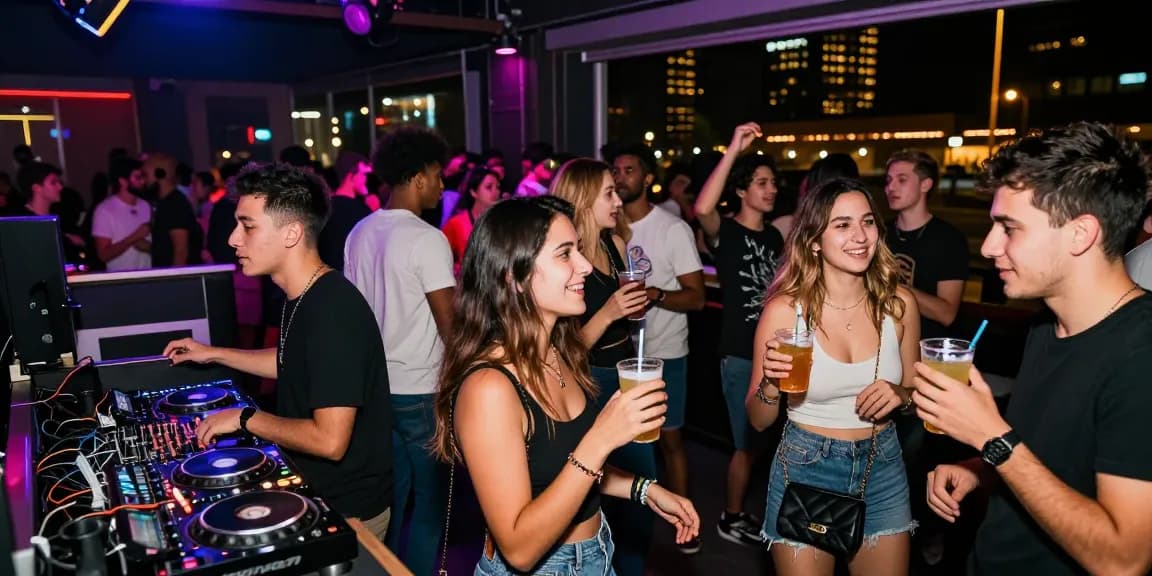 Vibrant nightlife at a 유흥사이트 with people enjoying drinks and dancing.
