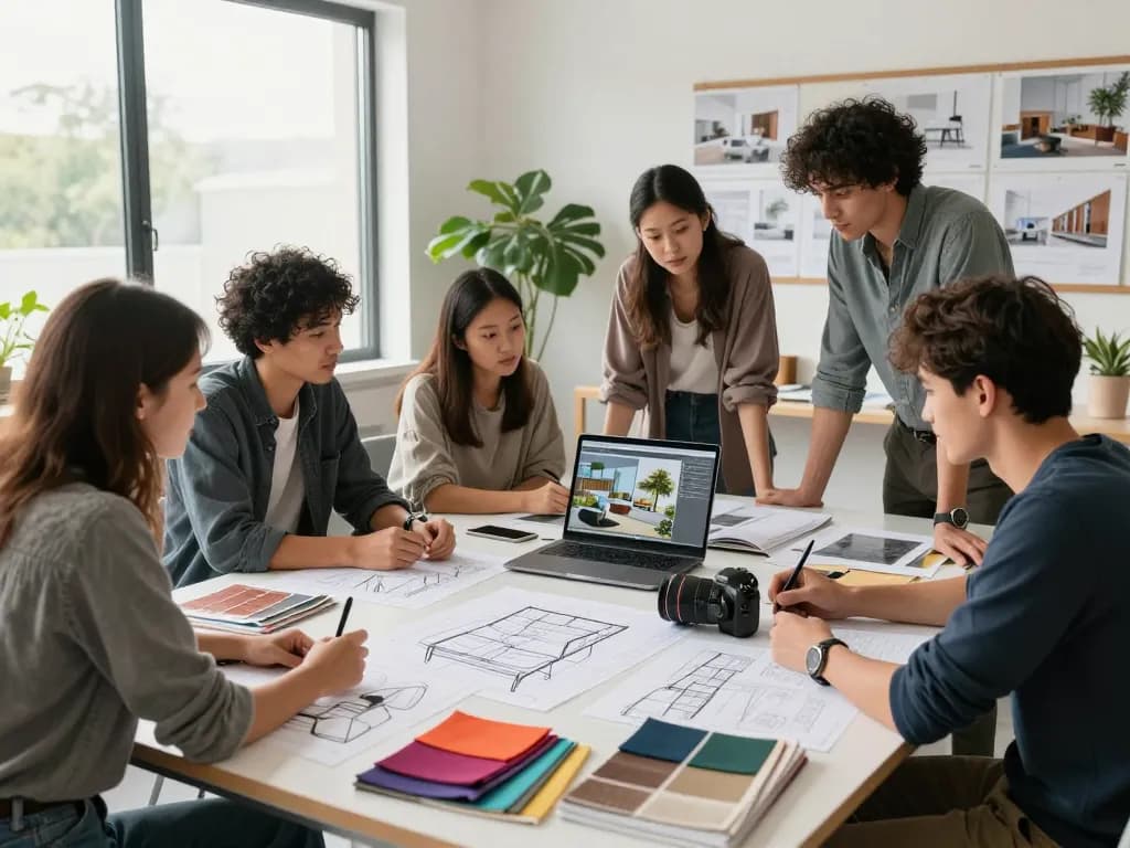 Collaborative design studio with architects and interior designers working on innovative projects, showcasing บริษัทออกแบบ กรุงเทพ in action.