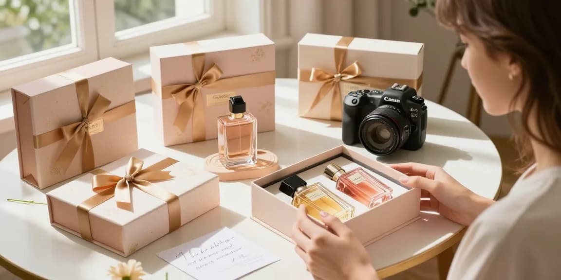 Elegant perfume gift sets displayed beautifully with a person unboxing, showcasing luxurious fragrances and inviting atmosphere.