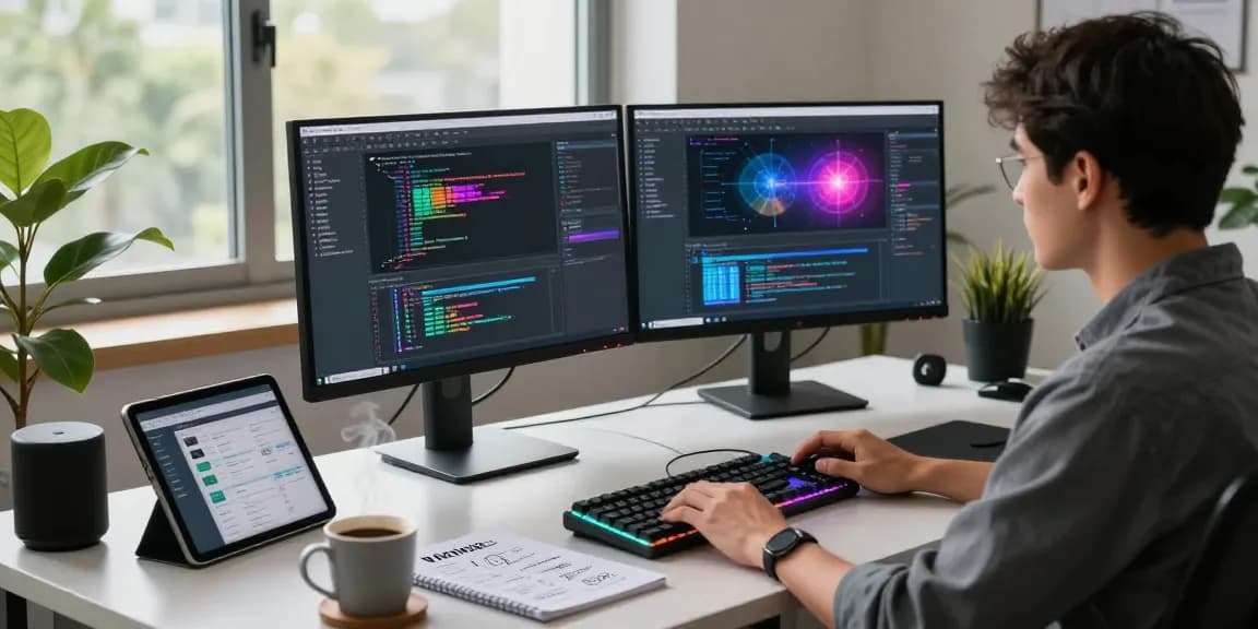 Developer utilizing NAGA2000 in a modern tech workspace with dual monitors and a vibrant atmosphere.