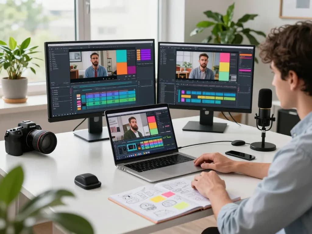 Content creator using video to prompt ai in a bright digital workspace with editing tools and vibrant displays.