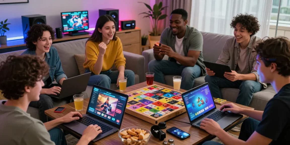Players enjoying porngames on various devices in a lively living room.