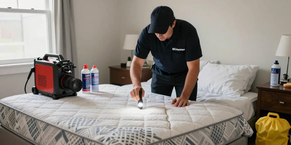 Professional bed bug exterminator inspecting a bedroom in Milwaukee using a flashlight and pest control equipment.