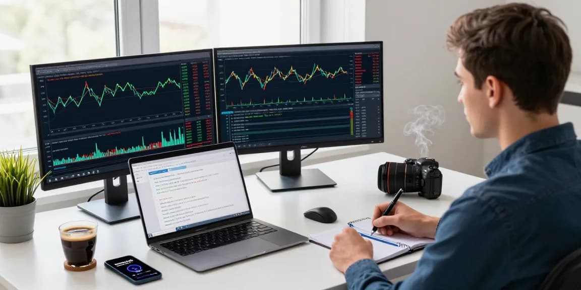 Trader using mt4 platform with multiple monitors for forex trading analysis, featuring real-time charts and technical indicators.