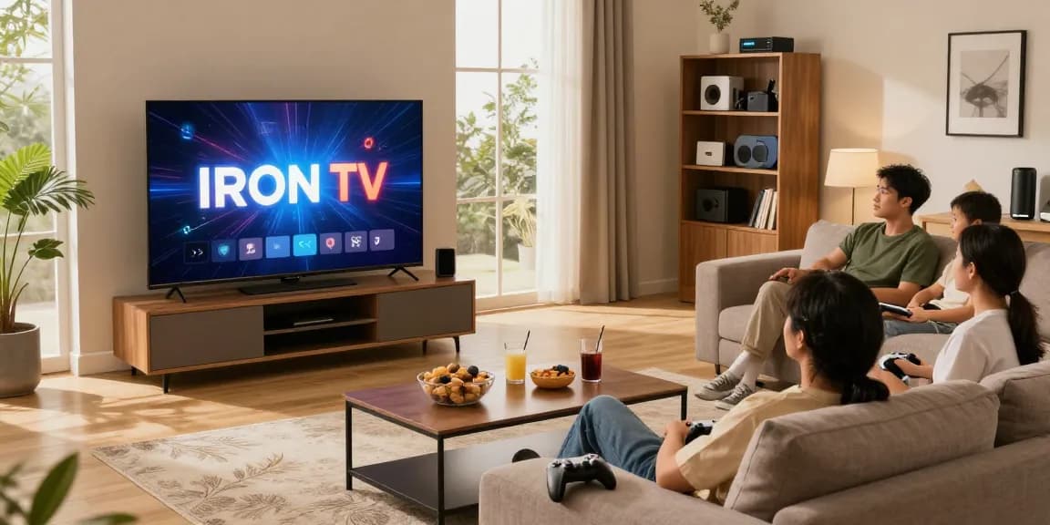 Profitez de l'application iron tv dans un salon moderne avec un téléviseur intelligent, créant une ambiance détendue et conviviale.
