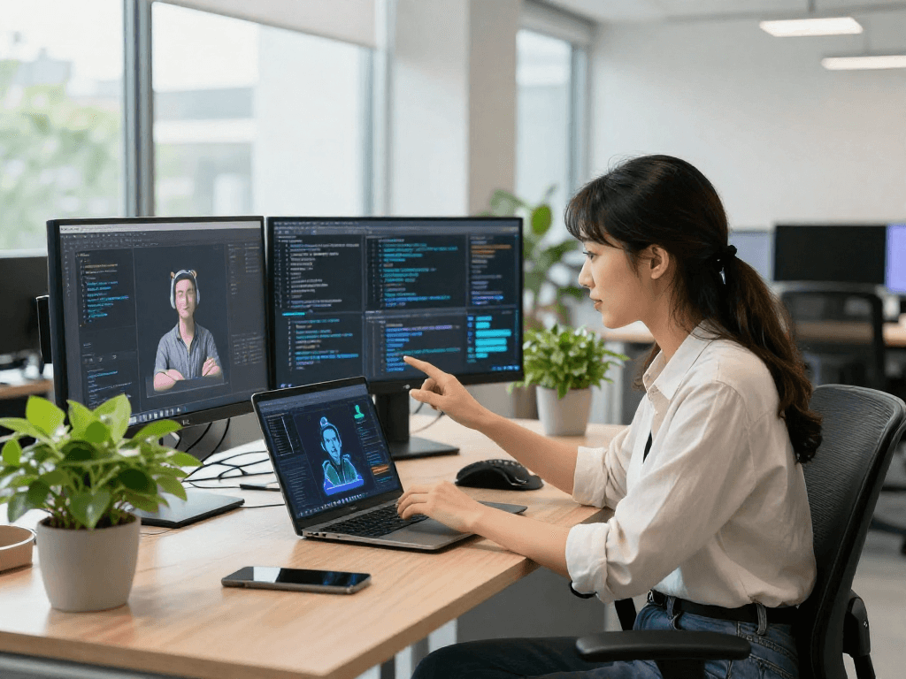 AI gf interaction in a modern tech workspace with vibrant elements.