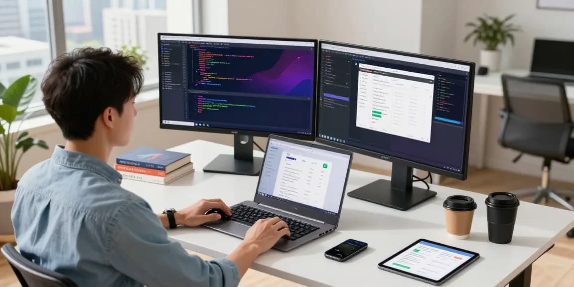 Interactive coding workspace highlighting telegraimin.com with modern tech elements and vibrant atmosphere.