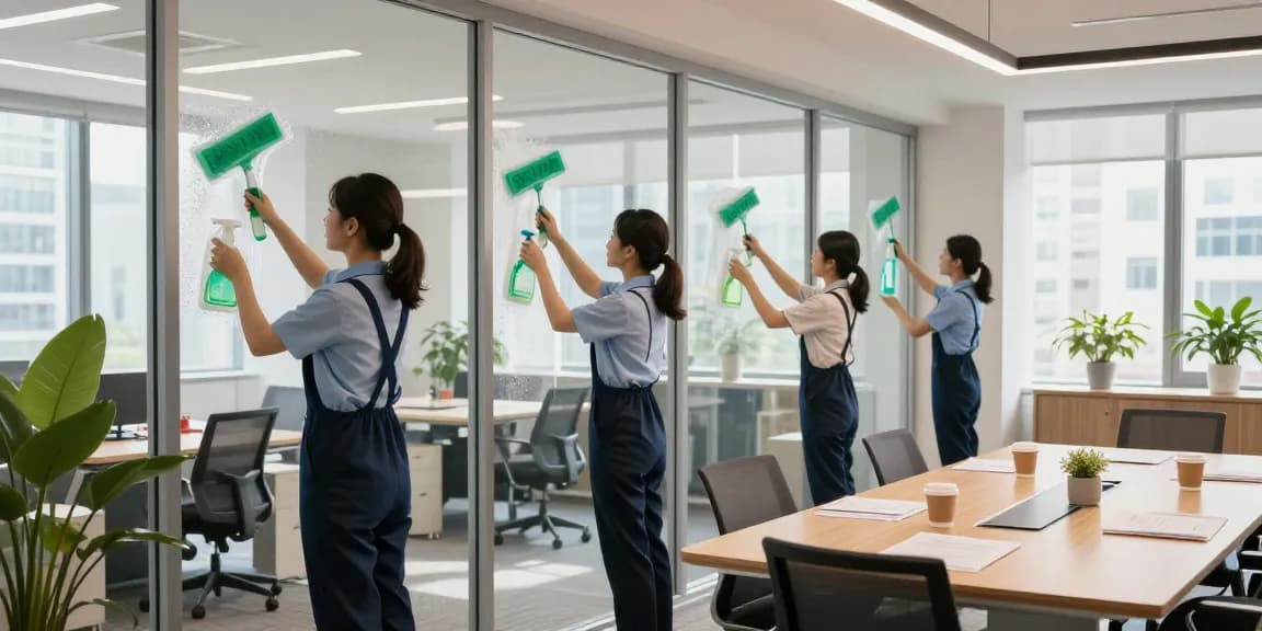 Professionelles Reinigungsteam der Gebäudereinigungsfirma Dortmund bei der Fensterreinigung in modernem Büro.