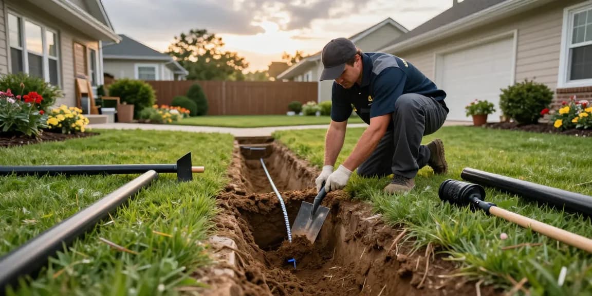 Expert Drainage Services in Saginaw, TX, showcasing professional installation of a French drain in a residential yard