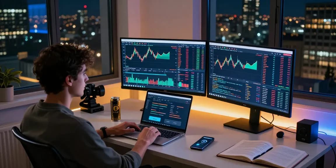 Cricbet cryptocurrency trading setup with live market analysis, secure wallet, and advanced trading tools in urban apartment.