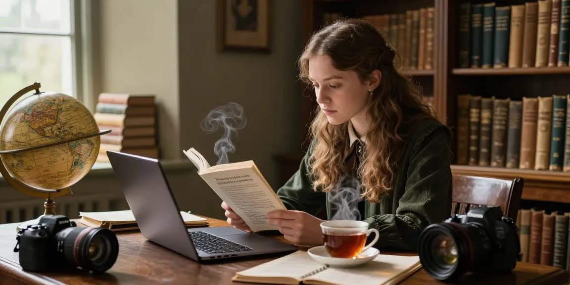 Engaging reading experience at https://tyntescastle.com with a young woman in a library, exploring historical narratives.