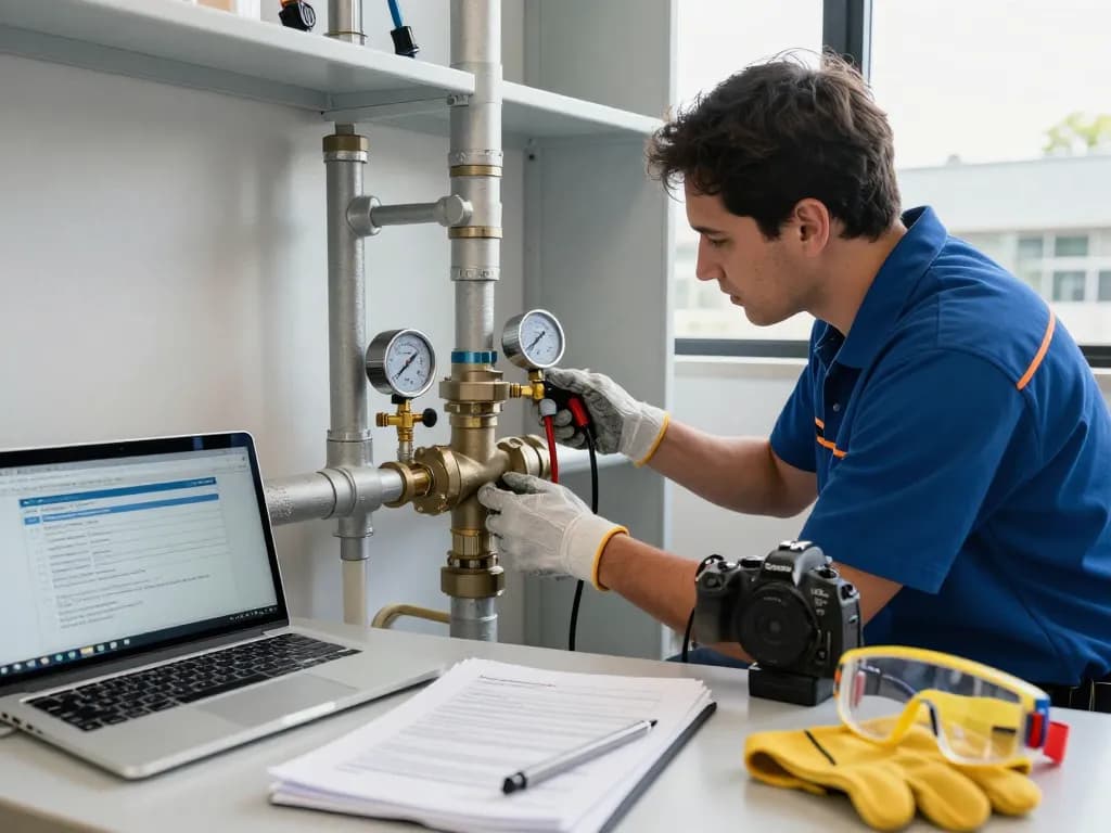 Backflow plumber conducting an inspection on a backflow prevention device at a Sydney commercial site, ensuring water safety compliance.