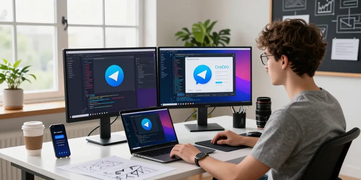 Young developer coding on a dual-monitor setup at a stylish workspace, showcasing 纸飞机中文版 interface for 2026.