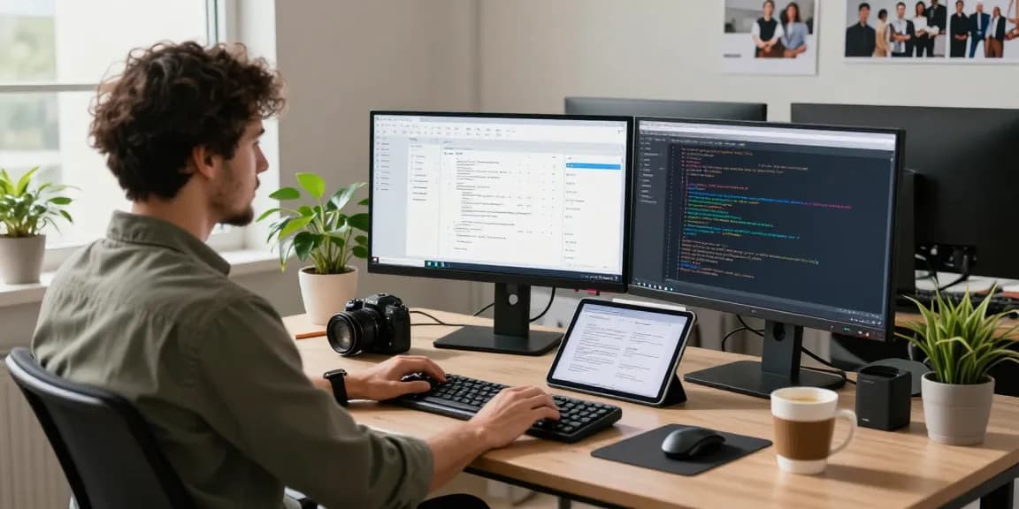 Innovative workspace featuring RTIscheduler.co.uk software on dual monitors, showcasing a modern tech environment.