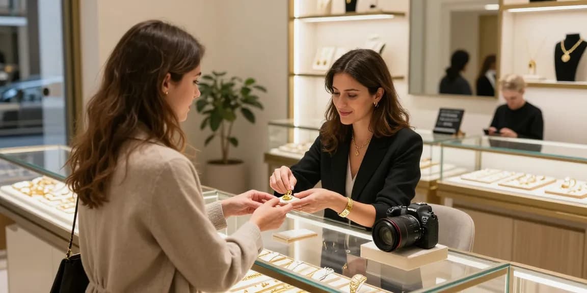achat or bruxelles : experte évaluant des bijoux en or dans un magasin raffiné à Bruxelles
