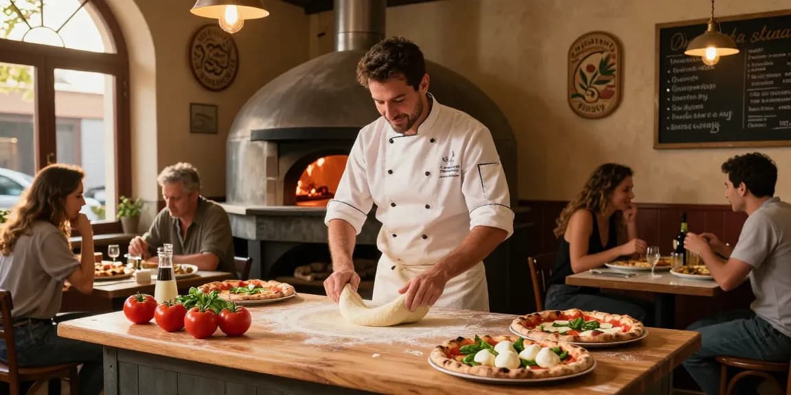 Chef creating pg soft pizza dough in a cozy pizzeria kitchen.