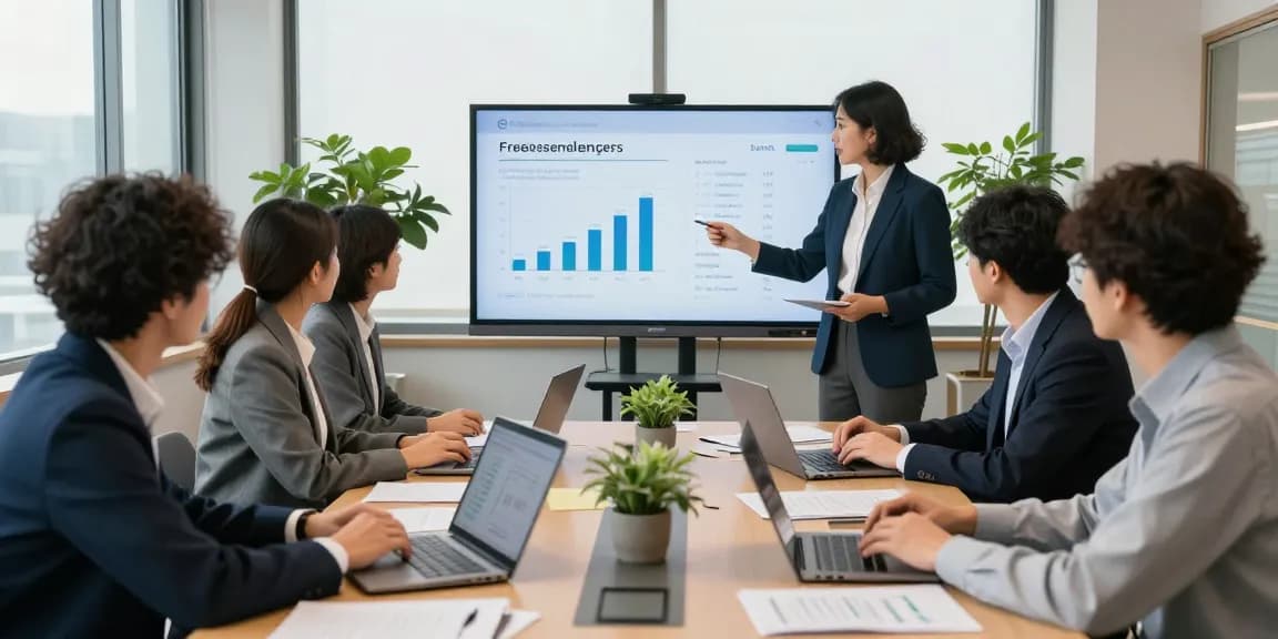 現代的なオフィスでみん社保のソリューションを話し合う専門家グループ