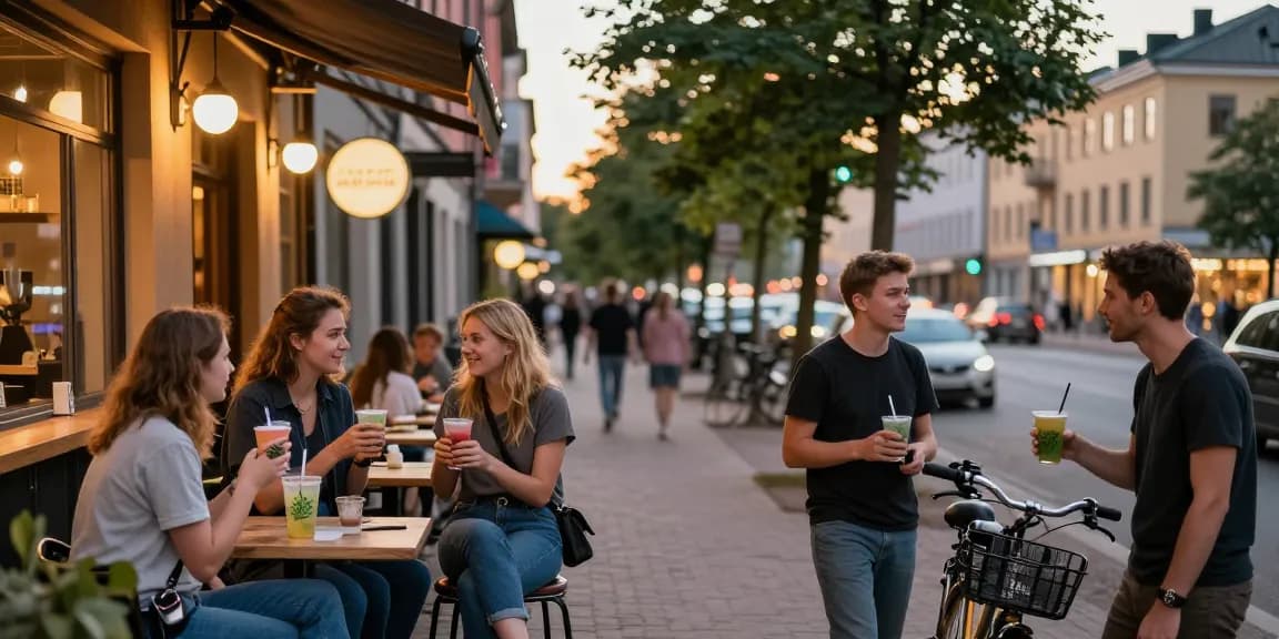 Where can I legally buy weed in Finland? Group of young adults discussing cannabis culture at a café in Helsinki.