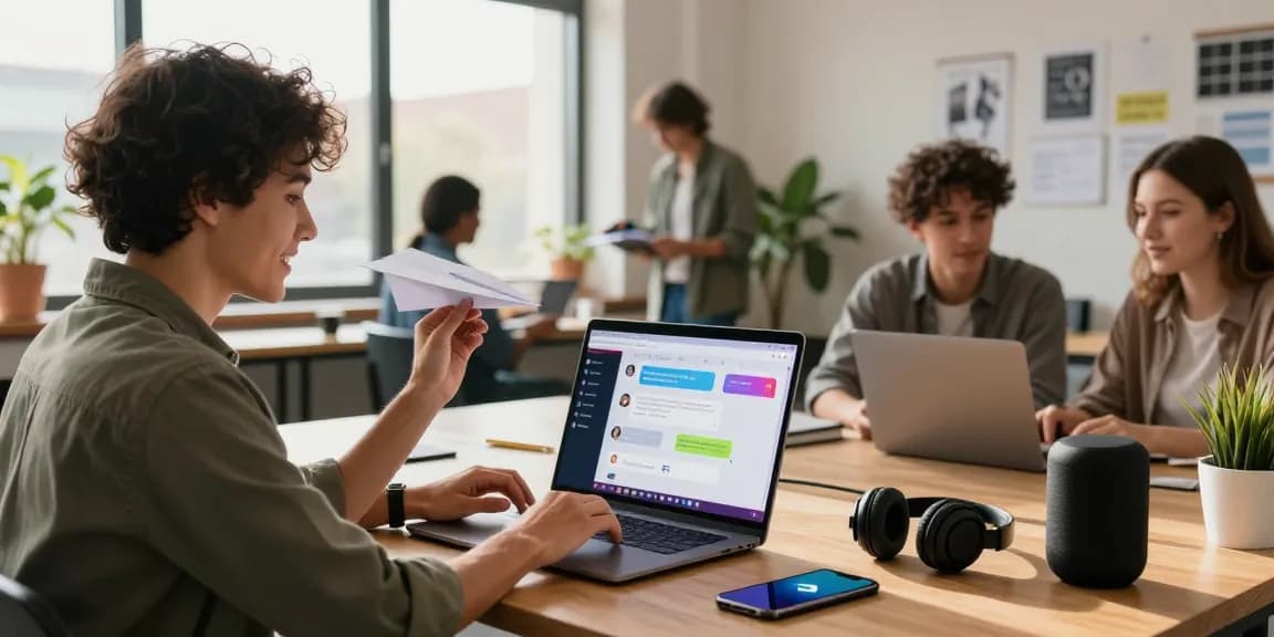 Engaging workspace showcasing the paper airplane版本的Telegram on a laptop, with tech-savvy individuals collaborating in a modern setting.