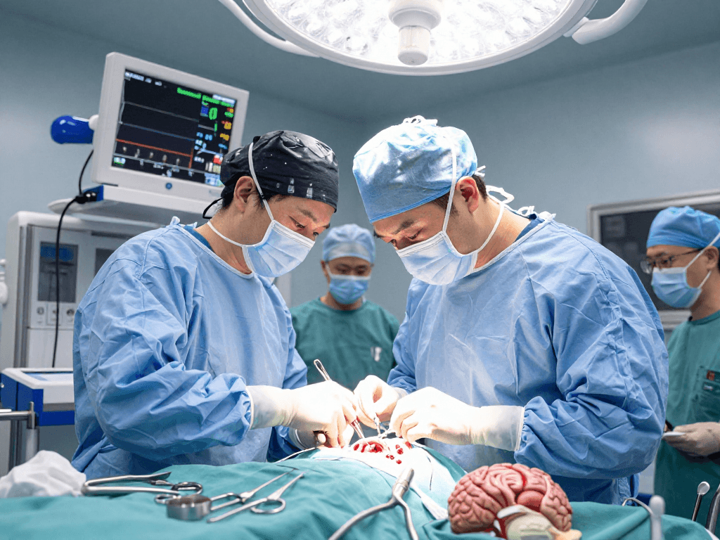 Beyin tümörü ameliyatı being performed by a skilled neurosurgeon in a bright operating room with advanced surgical tools and monitors.