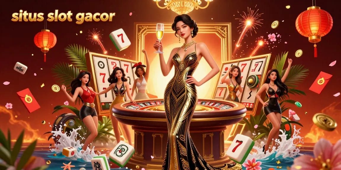 Experience the excitement of situs slot gacor with a glamorous illustration of a real casino scene featuring elegant characters and vibrant gaming elements.