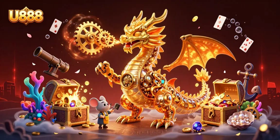 Experience thrill at U888 with a golden dragon and exciting gaming elements underwater.