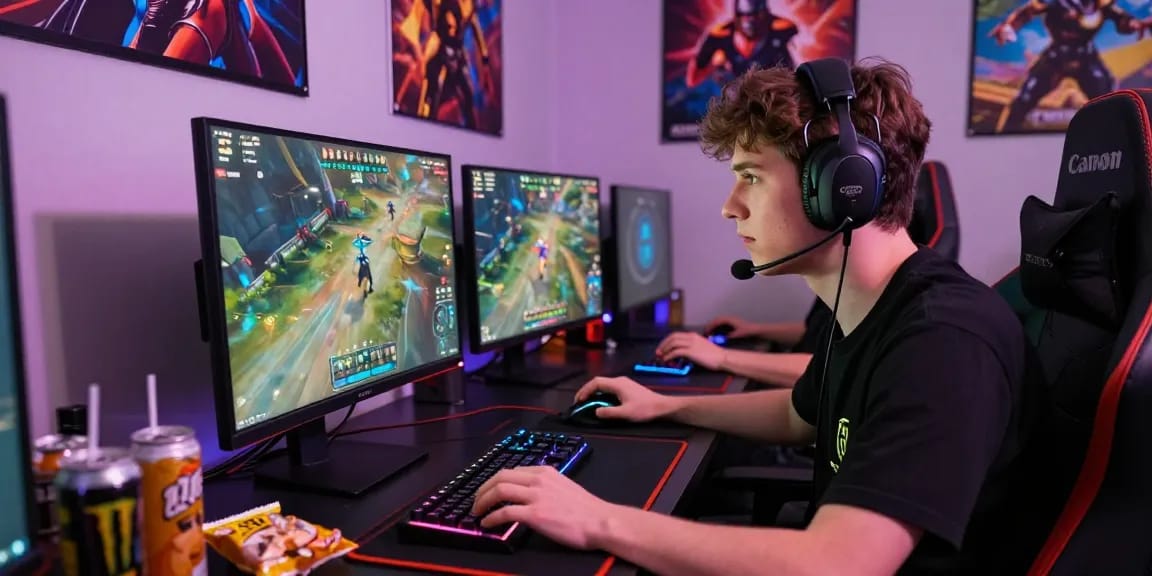 Seorang gamer bermain dengan penuh konsentrasi dalam pertandingan esports, menunjukkan aspek menarik dari predict play.