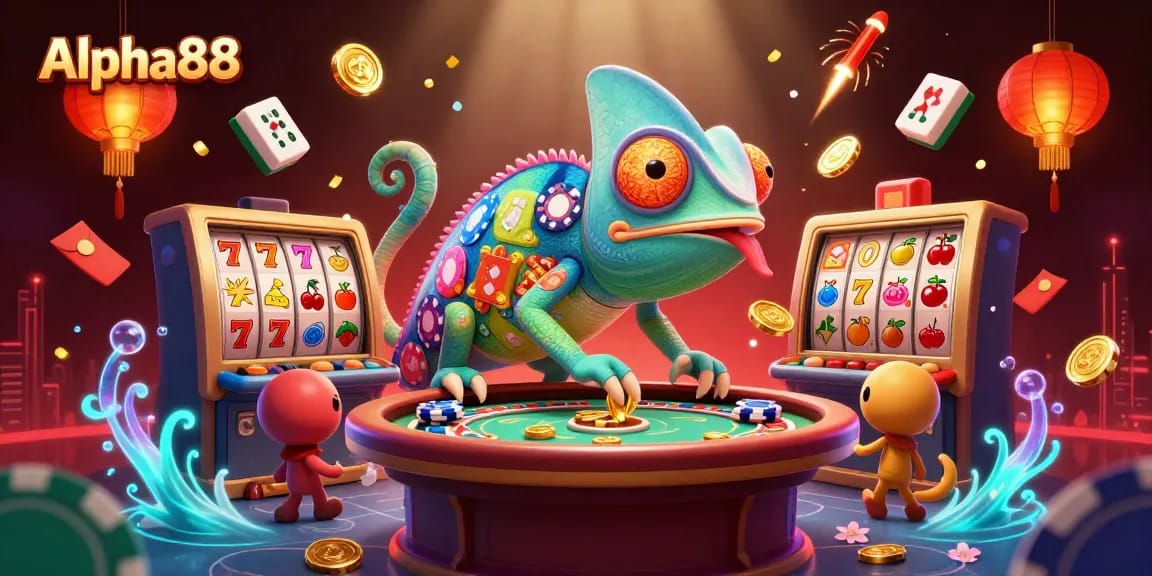 Enjoy vibrant gameplay at Alpha88, featuring a whimsical chameleon casino owner amidst thrilling slots and festive decor.