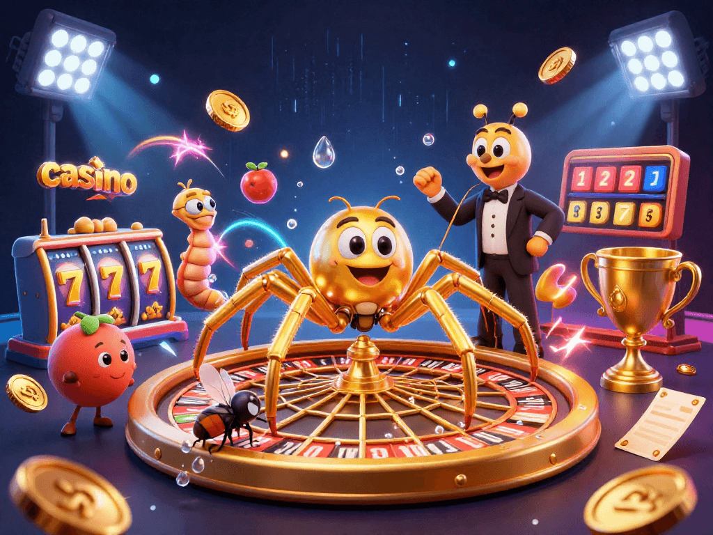 Experience thrilling casino action with a golden spider and centipede in 3D illustration.