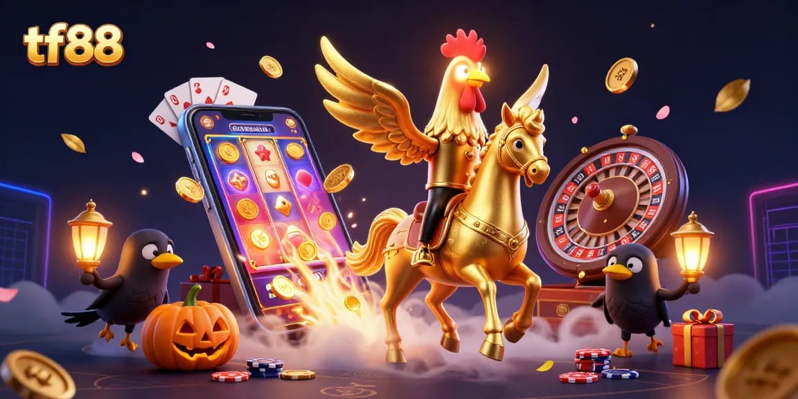 Experience thrilling gaming moments at tf88 with a golden rooster character in a dynamic casino setting.
