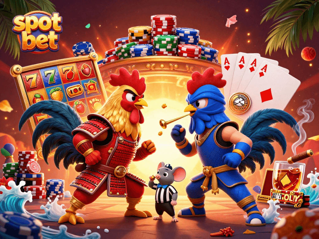 Slot bet di platform dengan ayam jantan bertarung dan simbol mesin slot penuh warna.