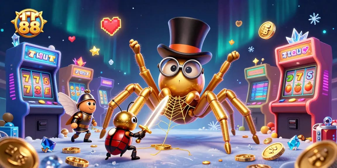 Bettors explore rr 88's casino magic with a golden tarantula, knight, and colorful gaming elements.
