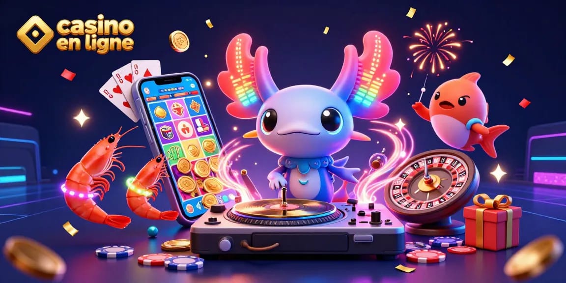 Vivez l'expérience du casino en ligne avec un DJ axolotl coloré et des jeux de hasard autour de lui.